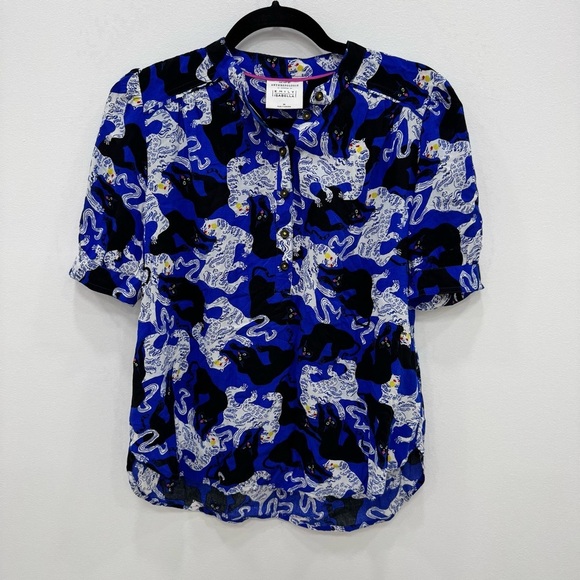 Anthropologie Emily Isabella Robina Tiger Panther Blouse blue white black Sz XS - Picture 2 of 6